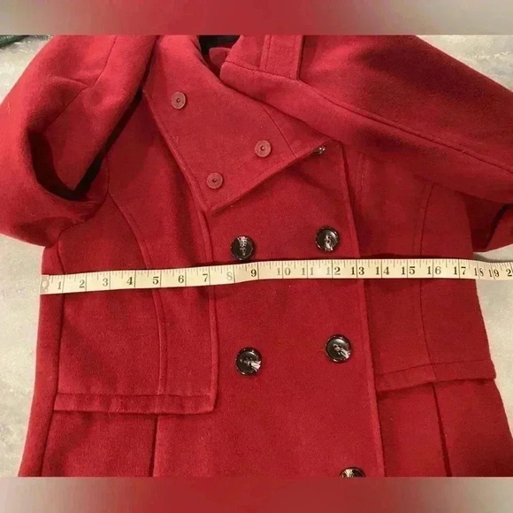 Forever 21 Dark Red Button Down Faux Wool High Snap Neck Pea Coat Size Small - Picture 3 of 12